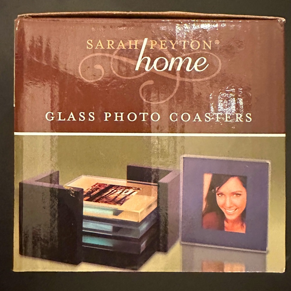 New Solid Glass Photo Coasters | Wood Holder | Set